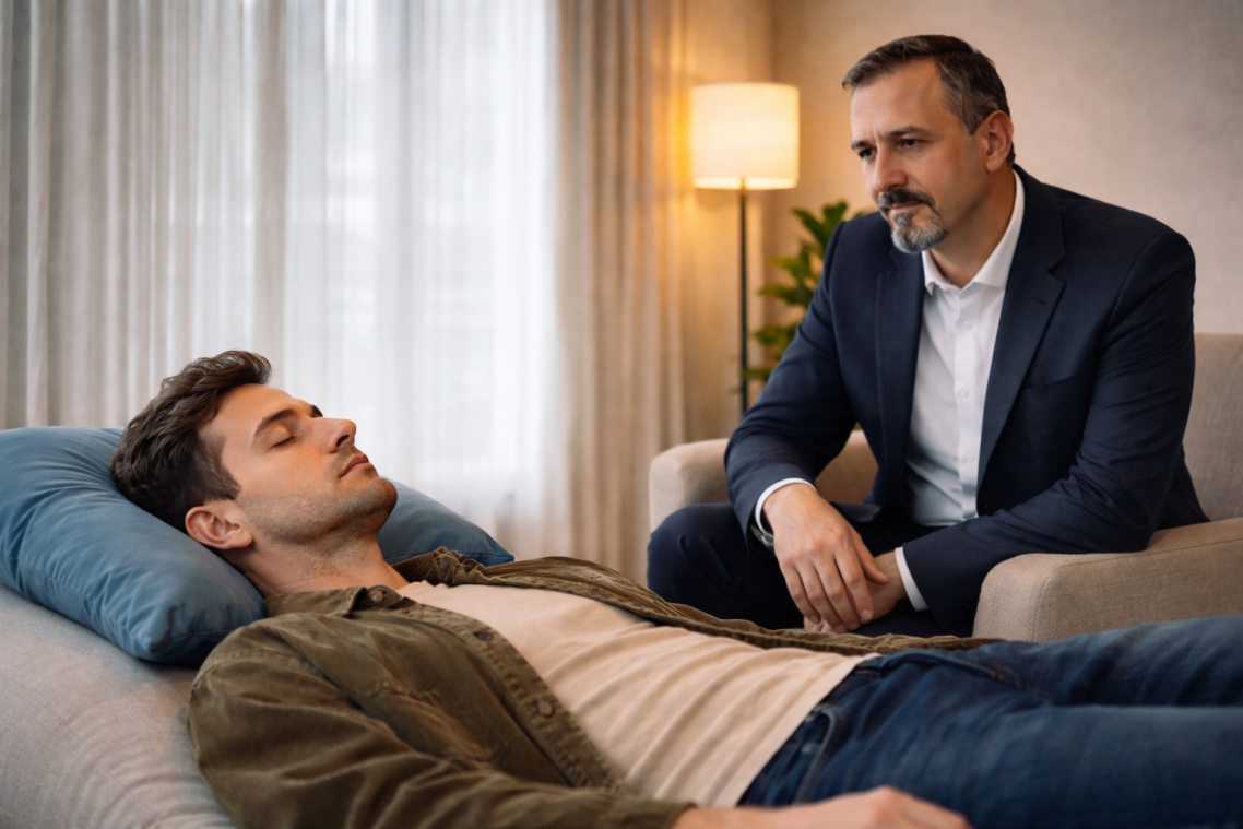 Un terapeuta osserva un paziente disteso su un lettino in una stanza luminosa.