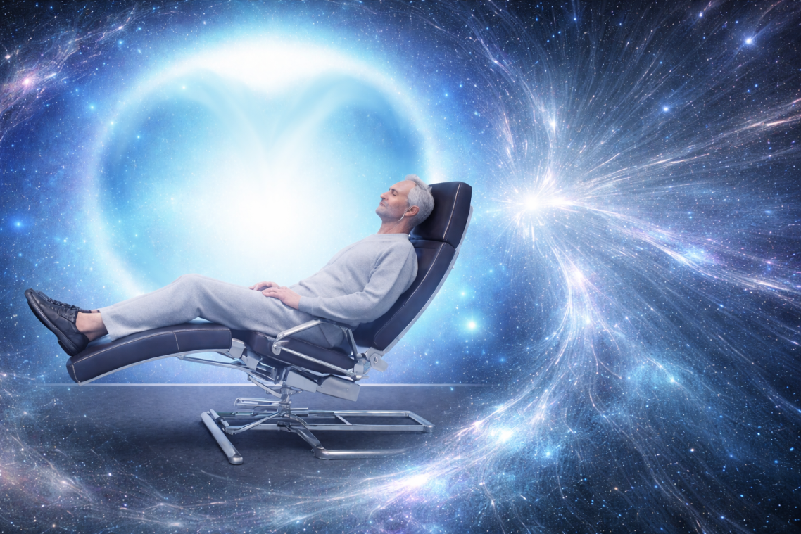 Uomo seduto su una poltrona in un'ambientazione spaziale, immerso nell'energia cosmica.