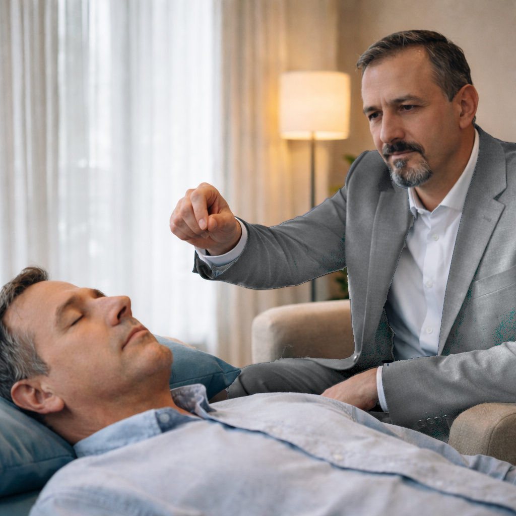 Un uomo riceve un trattamento di ipnosi da un professionista in un ambiente accogliente.