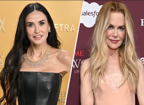 Demi Moore and Nicole Kidman posing at separate events with distinct hairstyles and outfits.