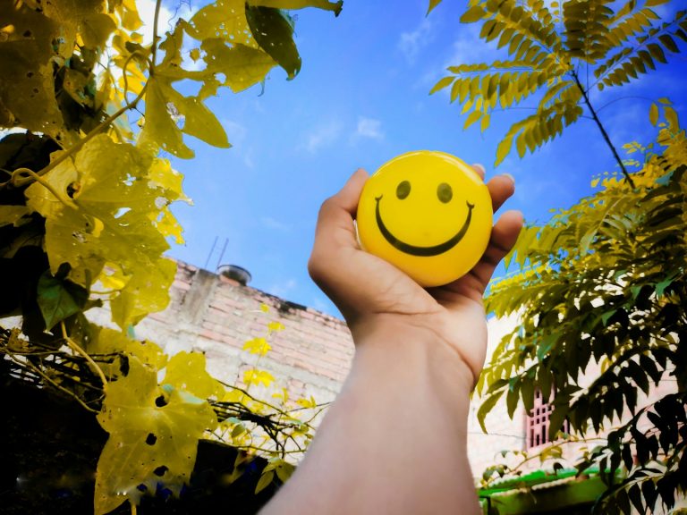 A hand holding a yellow smiley face against a blue sky and green foliage.