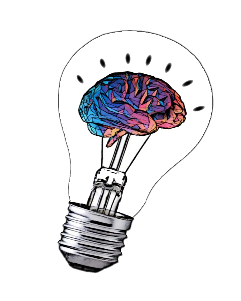 Lamp with a colorful brain inside, symbolizing ideas and creativity.