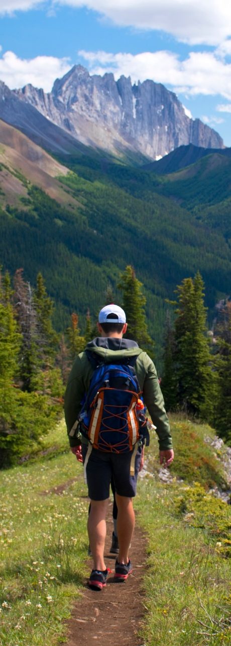 Escursionista su un sentiero montano con vista su vette maestose e boschi verdi.