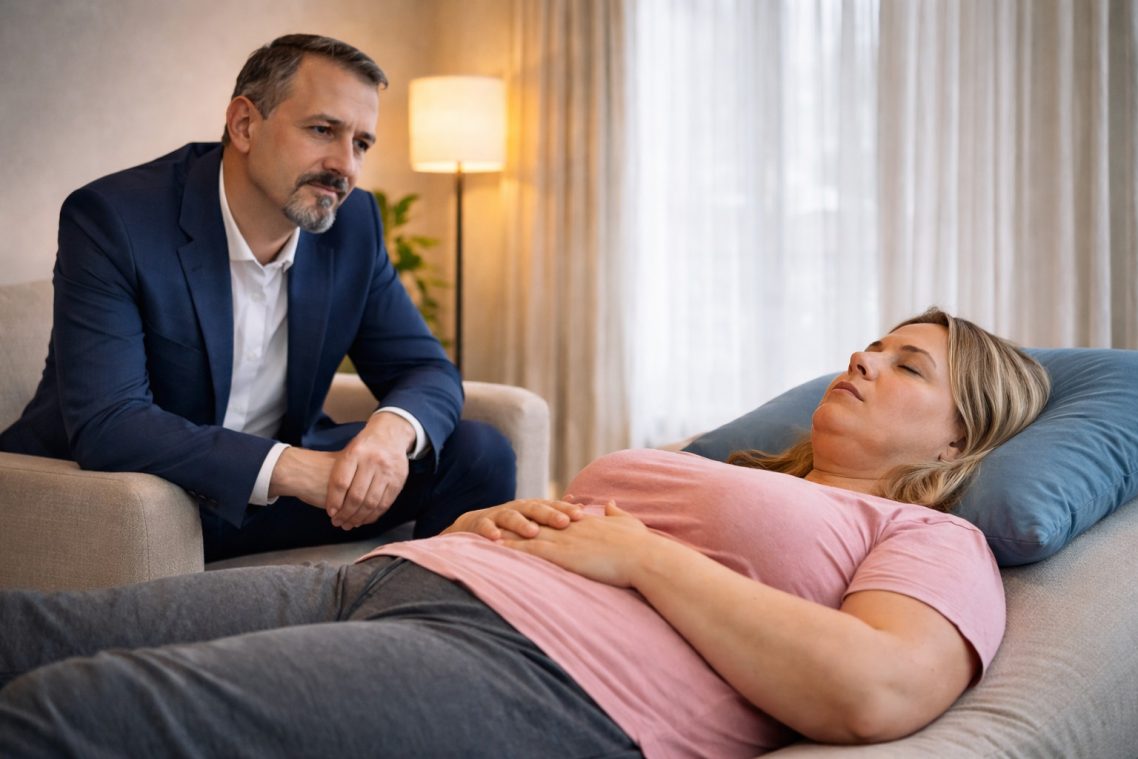 Un uomo osserva una donna sdraiata su un divano in un ambiente accogliente.