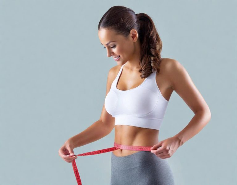 Donna in top sportiva che misura la vita con un metro.