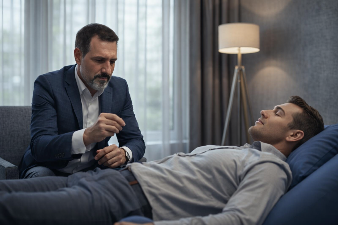 Un terapeuta interviene con un paziente disteso su un divano in un ambiente luminoso.