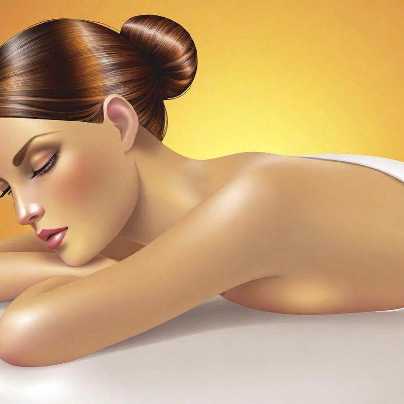 Donna distesa su un tavolo, con capelli castani e pelle luminosa, in un ambiente rilassante.