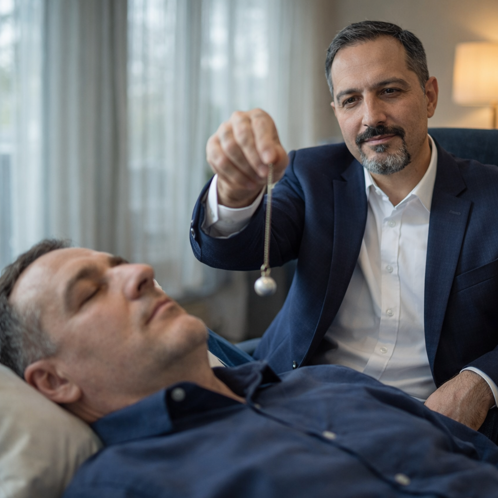 Un terapeuta ipnotizza un paziente sdraiato, usando un pendolo.